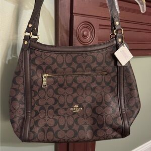 Coach Brown Shoulder Bag with Monogram Pattern and Adjustable Strap